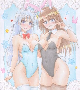 2girls :d animal_ear_hairband animal_ears artist_name black_leotard black_necktie black_thighhighs blue_background blue_eyes blue_leotard blush border bow bowtie braid breasts brown_hair commentary_request covered_groin covered_navel cowboy_shot crown_braid curtained_hair detached_sleeves fake_animal_ears floating_hair full_cleavage grin hair_ornament hair_tie hairband highleg highleg_leotard leotard long_hair long_sidelocks looking_at_viewer lyrical_nanoha mahou_shoujo_lyrical_nanoha mahou_shoujo_lyrical_nanoha_a's mahou_shoujo_lyrical_nanoha_strikers medium_breasts multiple_girls necktie open_mouth ornate_border outside_border parted_bangs photo_(medium) playboy_bunny rabbit_ears red_bow red_bowtie reinforce shinozuki_takumi short_necktie sidelocks simple_background smile strapless strapless_leotard thighhighs traditional_media upper_body v v_over_eye very_long_hair white_border white_hair white_thighhighs white_wrist_cuffs wispy_bangs wrist_cuffs x_hair_ornament yagami_hayate