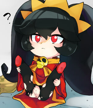1girl ? anus ashley_(warioware) black_hair black_pantyhose censored chibi closed_mouth clueless confused dress expressionless female_focus grey_background highres karasuma234 large_variant_set loli long_hair long_sleeves looking_afar mosaic_censoring nintendo orange_dress pantyhose pussy red_dress red_eyes red_shoes shaded_face shoes simple_background sitting skull solo spread_legs torn_clothes torn_pantyhose twintails two-tone_dress v_legs variant_set warioware