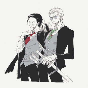 Rule 34 | 2boys, adjusting clothes, adjusting necktie, ascot, black hair, black jacket, black pants, closed mouth, collared shirt, cowboy shot, earrings, facial scar, formal clothes, frown, furrowed brow, green necktie, grey vest, hair slicked back, hat on back, highres, hijab, holding, holding sword, holding weapon, jacket, jacket on shoulders, jewelry, katana, living (nsiring), male focus, monkey d. luffy, multiple boys, multiple earrings, necktie, one eye closed, one piece, pants, red ascot, roronoa zoro, scar, scar across eye, scar on cheek, scar on face, shirt, short hair, suit jacket, sunglasses, sword, vest, waistcoat, weapon, white background, white hijab