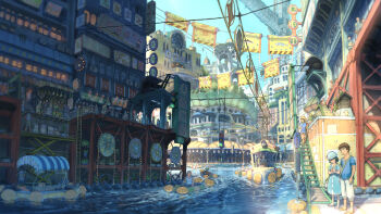 1boy 1girl aqua_dress aqua_hat arms_at_sides bag banner blue_shirt boat bon_(tswx7328) brown_hair building canal cityscape commentary_request day dress fantasy hands_up hat highres ladder original outdoors pants people sandals scenery shirt short_hair short_sleeves shoulder_bag sign stairs standing traffic_light translation_request very_short_hair water watercraft white_pants