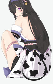 1girl absurdres ahoge animal_ears animal_print ass_cutout backless_kimono backless_outfit bare_shoulders black_collar black_hair blush braid breasts clothing_cutout collar colored_inner_hair cow_ears cow_girl cow_print cow_tail detached_sleeves ear_tag from_behind full_body hair_over_one_eye hair_ribbon hairband hashtag-only_commentary highres japanese_clothes kimono knee_up large_breasts long_hair looking_at_viewer looking_back mole mole_under_eye multicolored_hair nijisanji obi obijime one_eye_covered parted_bangs parted_lips pink_ribbon print_kimono purple_eyes purple_hair purple_hairband ribbon sash side_braid side_slit sidelocks simple_background single_braid sitting solo streaked_hair tail tail_through_clothes thigh_strap tsuyusakiryoo virtual_youtuber white_background yagyu_shino