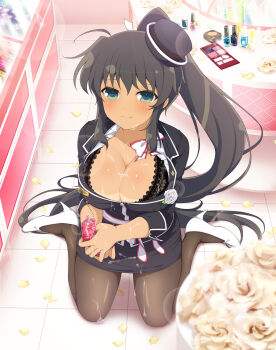 1girl bikini_tan black_bra black_dress black_hair black_hat black_pantyhose blush bottle bow bra breasts cleavage counter dark-skinned_female dark_skin dress flower green_eyes hair_ribbon hat high_heels high_ponytail highres holding holding_bottle homura_(senran_kagura) lace lace_bra large_breasts long_hair looking_at_viewer makeup makeup_brush makeup_palette mini_hat official_art pantyhose pencil_skirt perfume_bottle petals ponytail red_bow red_trim ribbon rose senran_kagura senran_kagura_new_wave senran_kagura_shoujo-tachi_no_shin&#039;ei shoes shop sitting skirt solo suggestive_fluid tan tanline tile_floor tiles two-tone_bow underwear very_long_hair wariza white_bow white_flower white_ribbon white_rose white_shoes yellow_petals