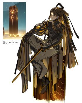 1boy asymmetrical_sleeves black_boots black_gloves black_shirt blunt_ends boots brown_hair cane closed_mouth commentary earrings english_commentary full_body genshin_impact gloves grandaloe grey_pants highres holding holding_cane instagram_logo instagram_username jewelry knee_up long_hair long_sleeves looking_at_viewer male_focus mismatched_sleeves objectification pants personification pillar ponytail puffy_long_sleeves puffy_sleeves reference_inset role_reversal shirt simple_background sitting tassel turtleneck turtleneck_shirt white_background yellow_eyes zhongli_(genshin_impact)