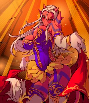 Rule 34 | 1girl, bad proportions, bodice, body markings, breasts, cleavage, colored skin, commentary request, divine bustier (dq), dragon quest, dragon quest x, elbow gloves, fake wings, gloves, heroine (dq10), highres, horns, large breasts, long hair, looking at viewer, looking down, ogre (dq10), orange background, panties, parted hair, partial commentary, pointy ears, purple garter straps, purple panties, purple trim, red eyes, red horns, red skin, shoulder spikes, skirt, smile, solo, spikes, tail, thighhighs, underwear, white gloves, white thighhighs, wings, yellow skirt, yellow trim, yoshitsuki