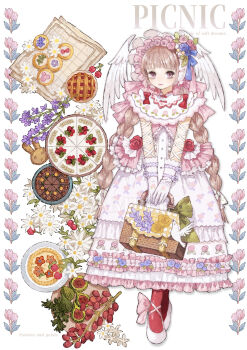 1girl absurdres baiguiyu bird blue_flower bow braid brown_hair cake cherry chocolate_cake commentary cookie fig flower food frills fruit gloves head_wings highres holding lace_trim napkin original pantyhose pie pink_flower purple_flower red_bow red_flower red_pantyhose red_rose rose shoes suitcase symbol-only_commentary twin_braids white_flower white_gloves white_shoes wings