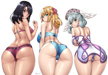 3girls ass bikini black_hair blonde_hair cameltoe fiora_(xenoblade) green_eyes hair_ornament head_wings huge_ass leaning leaning_forward long_hair looking_at_viewer melia_antiqua multiple_girls onomeshin sharla_(xenoblade) silver_hair simple_background swimsuit take_your_pick white_background wings xenoblade_chronicles_(series) xenoblade_chronicles_1
