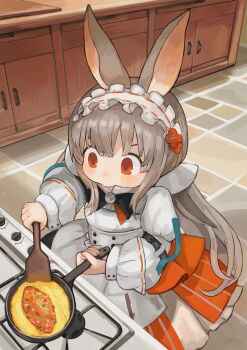 1girl absurdres animal_ears arknights brown_hair commentary_request dido_(di_do_di_do) food frilled_hairband frills frying_pan hairband highres holding indoors long_hair long_sleeves orange_eyes orange_skirt puffy_long_sleeves puffy_sleeves ribbon-trimmed_hairband shirt skirt solo spatula stove striped_clothes striped_skirt vertical-striped_clothes vertical-striped_skirt very_long_hair warmy_(arknights) white_hairband white_shirt