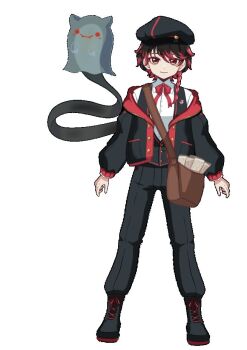 1boy aliasing argamawitch bag beret black_boots black_hair black_hat black_jacket black_pants black_vest boots bow bowtie braid commentary english_commentary full_body ghost hat indie_virtual_youtuber jacket male_focus messenger_bag multicolored_hair newspaper official_art orange_eyes pants pending_(vtuber) red_bow red_hair red_jacket red_vest shirt shoulder_bag side_braid smile solo swept_bangs vest virtual_youtuber white_shirt