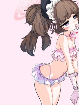 1girl animal_ears bikini bikini_skirt blue_archive blush bracelet breasts brown_hair cat_ears choker cowboy_shot dthmns elbow_gloves frilled_bikini frilled_gloves frills gloves hair_bun halo heart highres implied_fellatio jewelry leaning_forward legs_together long_hair loving_aura maid_headdress official_alternate_costume own_hands_together pink_background pink_bikini pink_choker pink_halo pink_ribbon purple_eyes ribbon ribbon_choker shizuko_(blue_archive) shizuko_(swimsuit)_(blue_archive) small_breasts stomach swimsuit two_side_up white_gloves