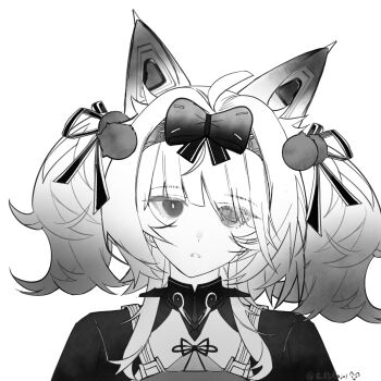 Rule 34 | 1girl, ahoge, animal ears, artist name, asymmetrical bangs, bow, commentary, fox ears, greyscale, hair bow, hair intakes, hair ornament, hairband, highres, kajol98606618, looking at viewer, monochrome, no. 21: feral (revival remedy) (pgr), no. 21 (pgr), official alternate costume, parted lips, pom pom (clothes), pom pom hair ornament, portrait, punishing: gray raven, simple background, solo, two side up, untranslatable commentary, white background