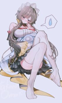 1girl bare_shoulders black_collar black_sleeves blue_eyes blush breasts brown_hair closed_mouth collar commentary_request detached_collar detached_sleeves genshin_impact hand_up highres invisible_chair knees_together_feet_apart knees_up kuuhenki_(genshin_impact) legs long_hair long_sleeves medium_breasts no_shoes sandrone_(genshin_impact) simple_background sitting sleeveless solo takeno_omoti thighhighs very_long_hair white_background white_thighhighs