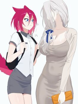 2girls absurdres animal_ears b_zebuk backpack bag blue_eyes bra_visible_through_clothes breasts cleavage closed_mouth collared_shirt dress embarrassed ensemble_stars! genderswap genderswap_(mtf) grey_dress grey_hair grey_skirt hair_between_eyes hair_over_shoulder hair_ribbon handbag highres holding holding_bag large_breasts long_hair long_sleeves multiple_girls pencil_dress pencil_skirt pout ran_nagisa red_hair ribbon saegusa_ibara shirt short_hair short_sleeves simple_background skirt tail thighs white_background white_shirt