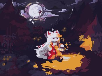 Rule 34 | 4girls, baggy pants, bamboo, bow, cart, cloud, collared shirt, commentary, dark, english commentary, ex-keine, expressionless, fireflies, fujiwara no mokou, full body, full moon, glowing, glowing eyes, hair bow, hand in pocket, highres, holding, holding lantern, horn bow, horn ornament, horns, houraisan kaguya, izakaya, kamishirasawa keine, lantern, long hair, long shirt, long sleeves, moon, moon rabbit, multiple girls, multiple hair bows, musical note, mystia lorelei, mystia lorelei (bird), night, no lineart, no mouth, ofuda, ofuda on clothes, outdoors, pants, peeking out, red bow, red pants, shirt, silhouette, solid eyes, sparkle, suspenders, thatpebble, touhou, translation request, tree, very long hair, walking, wheel, white hair, white shirt, wide shot, yagokoro eirin