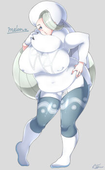 1girl blue_eyes breasts character_name commentary covered_erect_nipples curvy earrings fur_collar fur_hat gloves hat huge_breasts jewelry large_breasts long_hair long_sleeves mature_female melony_(pokemon) multicolored_hair nintendo pantyhose pantyhose_under_shorts pearl_earrings plump pokemon pokemon_swsh ring shorts side_slit side_slit_shorts single_glove solo streaked_hair sweater thick_thighs thighs ushanka wedding_ring white_hat white_sweater yutaka666