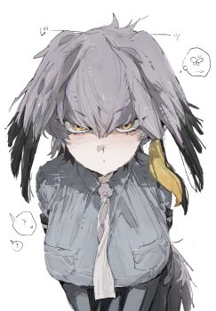 Rule 34 | 1girl, ?, absurdres, bird girl, bird tail, blush, breasts, collared shirt, commentary request, grey hair, grey necktie, hair between eyes, head wings, highres, kemono friends, large breasts, le (szs0k), long hair, looking at viewer, necktie, shirt, shoebill (kemono friends), simple background, solo, tail, white background, wings, yellow eyes