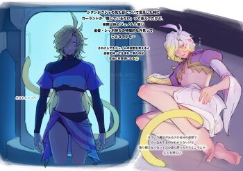 2boys absurdres barefoot black_male_underwear black_shirt blonde_hair blue_eyes blue_shirt cat_tail cow crop_top cropped_jacket feather_hair_ornament feathers final_fantasy final_fantasy_ix full_body furrowed_brow gold_trim grey_hair hair_ornament hair_over_one_eye highres jacket kuja male_focus male_underwear messa_mo multiple_boys parted_lips purple_jacket sarong shirt shirt_under_shirt skirt tail turtleneck underwear white_skirt white_sleeves wide_sleeves zidane_tribal