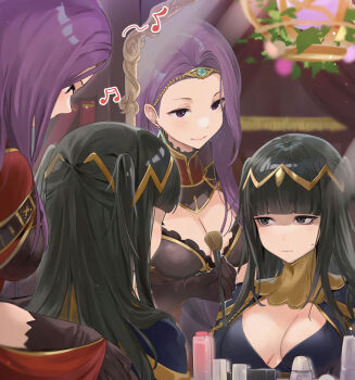 2girls black_eyes black_hair blunt_bangs breasts brown_gloves cleavage closed_mouth earrings fire_emblem fire_emblem_awakening fire_emblem_gaiden from_behind gloves haru_(nakajou-28) highres holding holding_brush holding_makeup_brush jewelry large_breasts long_hair looking_at_another looking_at_mirror makeup_brush medium_breasts mirror multiple_girls musical_note nintendo purple_eyes purple_hair reflection shaded_face smile sonya_(fire_emblem_gaiden) tharja_(fire_emblem) two_side_up
