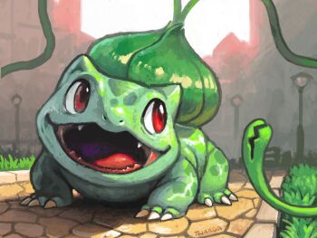 animal_focus bulbasaur claws commentary english_commentary fangs gen_1_pokemon grass highres lamppost nintendo nintendo_3ds_(medium) no_humans nostrils open_mouth outdoors park plant pokemon pokemon_(creature) red_eyes signature solo tongue twarda8 vines
