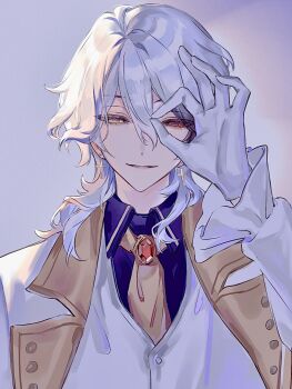 1boy chinese_commentary collared_shirt commentary_request cross cross_earrings diqiu_online earrings ensemble_stars! frilled_sleeves frills gem gloves hair_between_eyes hair_over_shoulder heterochromia highres jewelry long_sleeves male_focus merc_storia necktie official_alternate_costume ok_sign ok_sign_over_eye red_eyes red_gemstone sakuma_rei_(ensemble_stars!) shirt simple_background solo white_gloves white_hair white_shirt yellow_eyes yellow_necktie