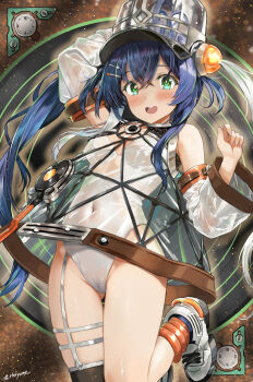 1girl arm_up black_thighhighs blue_hair blush bra breasts clock detached_sleeves dress duel_monster garter_straps green_eyes hair_between_eyes hat highres killer_tune_cue leotard long_sleeves looking_at_viewer medium_breasts open_mouth roman_numeral see-through_clothes see-through_dress see-through_sleeves shoes single_thighhigh smile solo staryume thighhighs underwear white_bra white_leotard white_shoes yu-gi-oh!