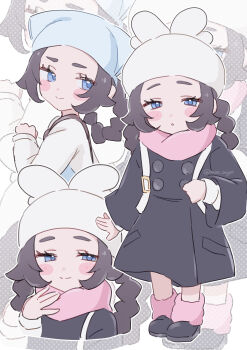 1girl absurdres ansha_(pokemon) black_coat black_hair black_shoes blue_eyes blue_headscarf blush braid coat commentary_request full_body half-closed_eyes hand_up hat headscarf highres leg_warmers long_sleeves looking_at_viewer low_twin_braids medium_hair moe_nayo multiple_views nintendo parted_lips pink_leg_warmers pink_scarf pokemon pokemon_legends:_z-a scarf shoes smile standing sweater twin_braids white_hat white_sweater zoom_layer