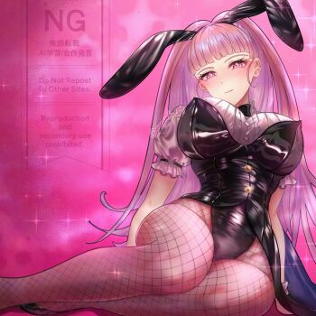 1girl animal_ears black_leotard black_vest breasts character_request commentary_request copyright_request fake_animal_ears fishnet_thighhighs fishnets highres large_breasts leotard long_hair pink_background pink_eyes pink_hair playboy_bunny ponpoko89 rabbit_ears shirt solo strapless strapless_leotard thighhighs vest watermark white_shirt