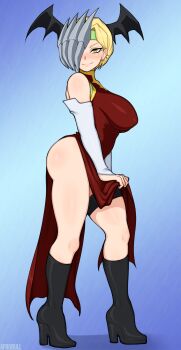 Rule 34 | 1girl, afrobull, ass, bad id, bad pixiv id, bare shoulders, black boots, black legwear, blue background, blush, boku no hero academia, boots, breasts, curvy, detached sleeves, dragon girl, dress, ear piercing, earrings, female focus, from side, full body, hair over one eye, head wings, headband, high heel boots, high heels, highres, jewelry, large breasts, leg strap, looking at viewer, mask over one eye, no panties, piercing, red dress, ryuukyuu, short hair, side slit, simple background, smile, solo, standing, thick thighs, thighs, white sleeves, wings, yellow eyes