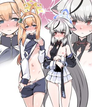 Rule 34 | 2girls, absurdres, animal ear fluff, animal ears, blue archive, blue eyes, blue shorts, blush, bra, breasts, clothes lift, clothes pull, clothing cutout, commentary request, diamond cutout, flower, fox ears, gluteal fold, grey hair, hair flower, hair ornament, halo, harigane shinshi, highres, kokona (blue archive), lifting own clothes, long hair, looking at another, looking at viewer, mari (blue archive), mari (track) (blue archive), multiple girls, navel, nipples, official alternate costume, orange hair, panties, pink bra, pink panties, pulling own clothes, red eyes, revision, shirt lift, shorts, shorts pull, skirt, small breasts, sparks, stomach, sweat, thigh gap, underwear, very long hair, white skirt, yellow halo