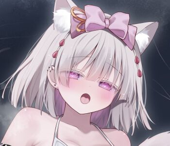 ame_usari animal_ear_fluff animal_ears bare_shoulders blush bow breasts collarbone colored_eyelashes commentary commentary_request ear_piercing english_commentary glint grey_hair hair_between_eyes hair_bow heart heart-shaped_pupils highres medium_breasts multicolored_hair open_mouth original piercing pink_bow purple_eyes purple_hair solo symbol-shaped_pupils tail two-tone_hair upper_body