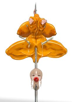 1girl all_the_way_through apple apple_gag black_eyes blonde_hair breasts cannibalism character_request corpse curvy death decapitation dripping empty_eyes food fork fruit gag gagged guro huge_breasts impaled john0819 knife meat_juice medium_hair severed_head shiny_skin simple_background solo thick_thighs thighs tongue wet white_background