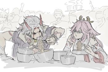 1girl 3boys 6+others absurdres animal_ears arataki_itto arm_up bare_shoulders belt black_nails body_markings bowl bracelet breasts brooch choker chopsticks clenched_hand closed_eyes closed_mouth competition detached_sleeves dog_boy dog_ears earrings eating facial_hair facial_mark fangs food fox_ears fox_girl genshin_impact gold_earrings gorou_(genshin_impact) grey_hair hair_between_eyes hand_up headpiece headscarf highres holding holding_chopsticks holding_tray horns jacket japanese_clothes jewelry kinbaronbunny large_breasts long_hair long_sleeves looking_at_another looking_at_food looking_down multicolored_hair multiple_boys multiple_others mustache nail_polish nontraditional_miko noodles oni open_clothes open_jacket open_mouth pink_eyes pink_hair purple_jacket red_hair saucepan shirt short_sleeves sidelocks simple_background sitting sleeveless sleeveless_shirt smile spiked_bracelet spikes standing steam streaked_hair table teeth tray turtleneck turtleneck_shirt v-shaped_eyebrows white_background white_shirt white_sleeves yae_miko