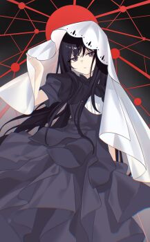 Rule 34 | 1girl, 762807438, absurdres, akemi homura, akemi homura (black dress), black capelet, black dress, black hair, capelet, closed mouth, commentary request, dress, frilled dress, frills, highres, long hair, looking at viewer, mahou shoujo madoka magica, mahou shoujo madoka magica: hangyaku no monogatari, purple eyes, solo, veil, white veil