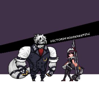 Rule 34 | 1boy, 1girl, apron, black hair, black thighhighs, chain, doge, ellen joe, eyepatch, fins, fish tail, gold chain, high heels, leather belt, maid, maid apron, maid headdress, multicolored hair, pixel art, red eyes, red hair, shark tail, tail, thighhighs, two-tone hair, von lycaon, white hair, yu000094, zenless zone zero