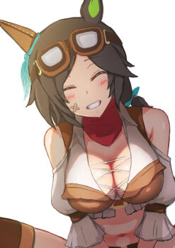 1girl ^_^ absurdres animal_ears bandaid bandaid_on_cheek bandaid_on_face black_hair breasts brown_thighhighs cleavage closed_eyes ear_covers goggles goggles_on_head grin highres horse_ears horse_girl large_breasts midriff navel official_alternate_costume red_scarf revision scarf simple_background single_ear_cover sitting smile solo thighhighs thighs titan_mk.ii umamusume white_background winning_ticket_(dream_deliverer)_(umamusume) winning_ticket_(umamusume)