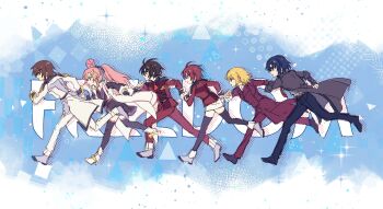 Rule 34 | 3boys, 3girls, absurdres, ahoge, athrun zala, black hair, black pants, black thighhighs, blonde hair, blue eyes, blue hair, brown hair, cagalli yula athha, company connection, compass uniform, formal clothes, green eyes, grey jacket, gundam, gundam gquuuuuux, gundam seed, gundam seed freedom, haro, highres, jacket, kira yamato, lacus clyne, lunamaria hawke, military uniform, multiple boys, multiple girls, pant suit, pants, pink hair, ponytail, purple eyes, red eyes, red hair, running, scene reference, shinn asuka, shiro kunugi, suit, sunrise, thighhighs, yellow eyes