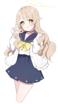 Rule 34 | 1girl, absurdres, black choker, black sailor collar, black skirt, blue archive, blush, buttons, cardigan, choker, cowboy shot, cropped legs, foulo paints, grin, halo, hifumi (blue archive), highres, light brown hair, long hair, long sleeves, looking at viewer, open cardigan, open clothes, pleated skirt, sailor collar, simple background, skirt, smile, solo, white background, white cardigan, yellow eyes, yellow halo