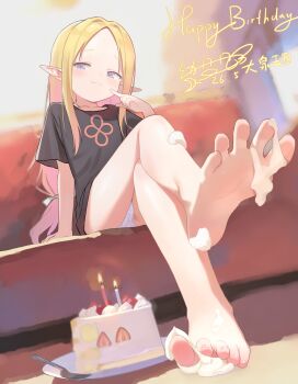 1girl barefoot black_shirt blonde_hair blue_eyes blush cake cake_slice couch crossed_legs feet finger_to_cheek food fork highres long_hair looking_at_viewer panties pantyshot pointy_ears shirt sitting smile soles t-shirt toes underwear whipped_cream youyueyue