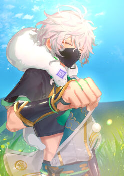 1boy absurdres animal animal_around_neck arm_guards black_shirt blue_sky clenched_hand closed_eyes commentary_request cropped_shirt facing_viewer field fur_collar highres japanese_clothes kariginu male_focus mask matochi_(fa) mouth_mask murakumo_kagetsu murakumo_kagetsu_(1st_costume) nijisanji outdoors shirt short_hair sky solo stomach upper_body virtual_youtuber watakumo_(murakumo_kagetsu) white_hair white_shirt