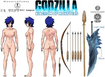 1girl arrow_(projectile) artist_request ass blue_eyes blue_hair bow bow_(weapon) breasts concept_art dagger godzilla_(series) highres knife legendary_pictures legs monsterverse mutant_(godzilla) nude polearm saegusa_miki_(godzilla) scar short_hair spear sword toho tribal warner_bros. weapon
