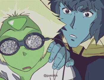 2girls animated animated_gif artist_request blue_skin cartoon_network colored_skin cowboy_bebop edward_wong_hau_pepelu_tivrusky_iv goggles green_skin lapis_lazuli_(steven_universe) multiple_girls peridot_(steven_universe) source_request spike_spiegel static steven_universe tagme