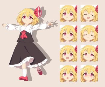 1girl 4rion absurdres ankle_socks ascot black_skirt black_vest blonde_hair commentary_request frilled_shirt_collar frilled_skirt frills full_body hair_ribbon highres long_sleeves mary_janes multiple_expressions outstretched_arms red_ascot red_eyes red_ribbon red_shoes ribbon rumia shirt shoes short_hair skirt socks solo touhou vest white_shirt white_socks