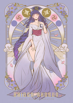 1girl alternate_costume blunt_bangs breasts card_(medium) character_name cleavage closed_eyes cloud collarbone commentary electro_symbol_(genshin_impact) english_commentary english_text eyeliner flower full_body genshin_impact hair_down hair_ornament head_tilt highres japanese_clothes kimono large_breasts light_rays lingerie long_hair long_sleeves makeup mitsudomoe_(shape) nandemocreative purple_background purple_hair purple_kimono raiden_shogun red_eyeliner red_sash roman_numeral sash side_slit solo standing star_(symbol) tarot tarot_(medium) the_empress_(tarot) thighs tomoe_(symbol) underwear wide_sleeves