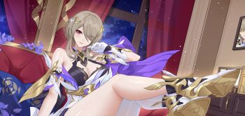 1girl alternate_breast_size_(larger) bare_shoulders boots breasts brown_hair chinese_commentary cleavage closed_mouth commentary_request cropped dress eyes_visible_through_hair gloves hair_over_one_eye hand_up high_heel_boots high_heels highres honkai_(series) honkai_impact_3rd huge_breasts indoors legs_up looking_at_viewer medium_hair mole mole_under_eye night paid_reward_available pantyhose pink_eyes rita_rossweisse rita_rossweisse_(spina_astera) single_leg_pantyhose sitting smile solo white_boots white_dress white_gloves white_pantyhose window wu_ganlan_cai