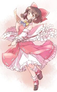 1girl ascot between_fingers black_hair black_shoes blue_ascot blush bow bowtie brown_eyes brown_hair commentary_request detached_sleeves footwear_bow frilled_bow frilled_hair_tubes frills full_body gohei hair_bow hair_tubes hakurei_reimu hand_up holding holding_gohei ofuda ofuda_between_fingers one-hour_drawing_challenge orange_background petticoat rangycrow red_bow red_ribbon red_shirt red_skirt ribbon ribbon-trimmed_sleeves ribbon_trim shirt shoes short_hair skirt socks solo touhou white_socks yellow_bow yellow_bowtie