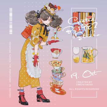 Rule 34 | 1girl, animal print, ankle ribbon, apron, artist name, barcode, black ribbon, black shoes, block heels, blue eyes, blueberry, bobby socks, bracelet, bright pupils, brown hair, chinstrap, chinese commentary, cup, cup stack, curly hair, drinking glass, drinking straw, earrings, fang, fish print, flower, food, food-themed earrings, food-themed hat ornament, food themed earrings, fruit, full body, gloves, gradient background, grey background, hair over one eye, hair ribbon, hat, hat flower, hat ornament, herb, high heels, highres, holding, holding plate, japanese clothes, jewelry, jug (bottle), kimono, layered legwear, leaning forward, leg ribbon, lemon, lemon slice, lemonade, looking at viewer, macaron, meringue, mini hat, mini top hat, nickel nike, obi, open mouth, orange-shaped earrings, orange (fruit), orange sash, orange slice, original, pink background, placemat, plate, polka dot, polka dot kimono, print kimono, pumps, raspberry, red gloves, red socks, ribbon, sash, saucer, shoes, skin fang, socks, solo, standing, swept bangs, tasuki, teacup, tilted headwear, top hat, twintails, waist apron, waitress, whipped cream, white apron, white pupils, yellow kimono