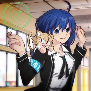 Rule 34 | 2girls, ahoge, black jacket, blonde hair, blue eyes, blue hair, breasts, ciel (tsukihime), collarbone, highres, hirakawa, indoors, jacket, medium breasts, multiple girls, neco-arc, neco spirit, red eyes, shirt, short hair, solo focus, tsukihime, tsukihime (remake), upper body, watermark, white shirt