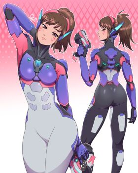 1girl ass bodysuit breasts brown_hair commentary_request d.va_(overwatch) facial_mark from_behind gradient_background gun headset highres holding holding_gun holding_weapon long_hair looking_at_viewer looking_back mecha_pilot_suit multicolored_bodysuit multiple_views octi_lfc overwatch pink_background ponytail signature skin_tight spanish_commentary weapon