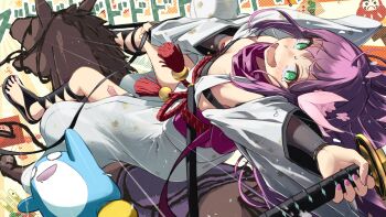 1girl black_sandals black_tube_top blush breasts em_elm flower green_eyes hair_flower hair_ornament highres holding holding_reins holding_sword holding_weapon horse horseback_riding japanese_clothes katana kimono long_sleeves looking_at_viewer mascot medium_breasts nijisanji obi print_kimono purple_hair purple_sash purple_scarf reins riding rope sakura_ritsuki sakura_ritsuki_(3rd_costume) sandals sash scarf solo strapless sword tears tube_top virtual_youtuber weapon white_kimono