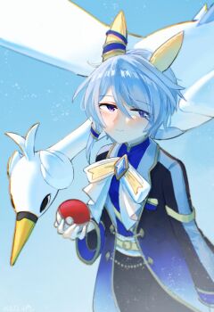 Rule 34 | 1girl, absurdres, animal ears, beak, belt, bird, blue eyes, blue hair, blue jacket, blue shirt, blush, bow, closed mouth, commentary request, ear covers, gen 5 pokemon, gloves, gradient coat, hair between eyes, highres, holding, holding poke ball, horse ears, horse girl, jacket, k.s.miracle (prism) (umamusume), k.s.miracle (umamusume), long sleeves, looking at viewer, nintendo, pants, poke ball, poke ball (basic), pokemon, pokemon (creature), saramiao-chan, shirt, short hair, smile, solo, swan, swanna, umamusume, white gloves, wings, yellow belt