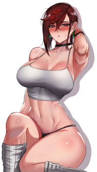 1girl arm_behind_head armpit_crease armpits ayase_momo badcompzero bare_shoulders black_panties blush bracelet breasts brown_eyes brown_hair choker collarbone dandadan earrings female_focus highres jewelry knee_socks large_breasts looking_at_viewer medium_hair open_mouth panties shiny_skin simple_background sweat tank_top thick_thighs thighs toned toned_female underwear white_background